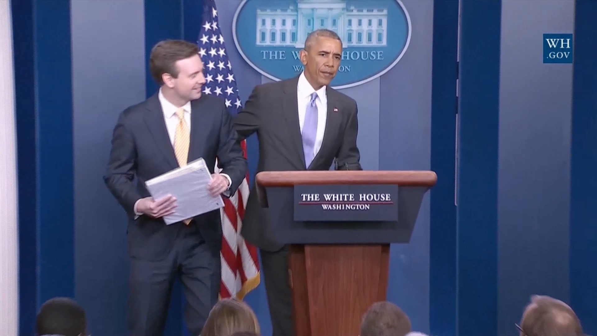 Obama surprises, thanks WH press secretary Josh Earnest during