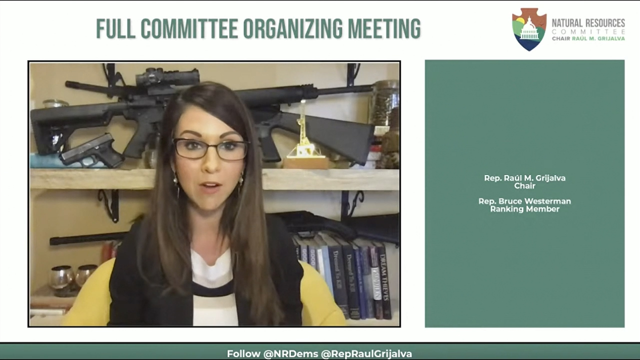 Rep. Boebert speaks at virtual House committee hearing while displaying  guns in background