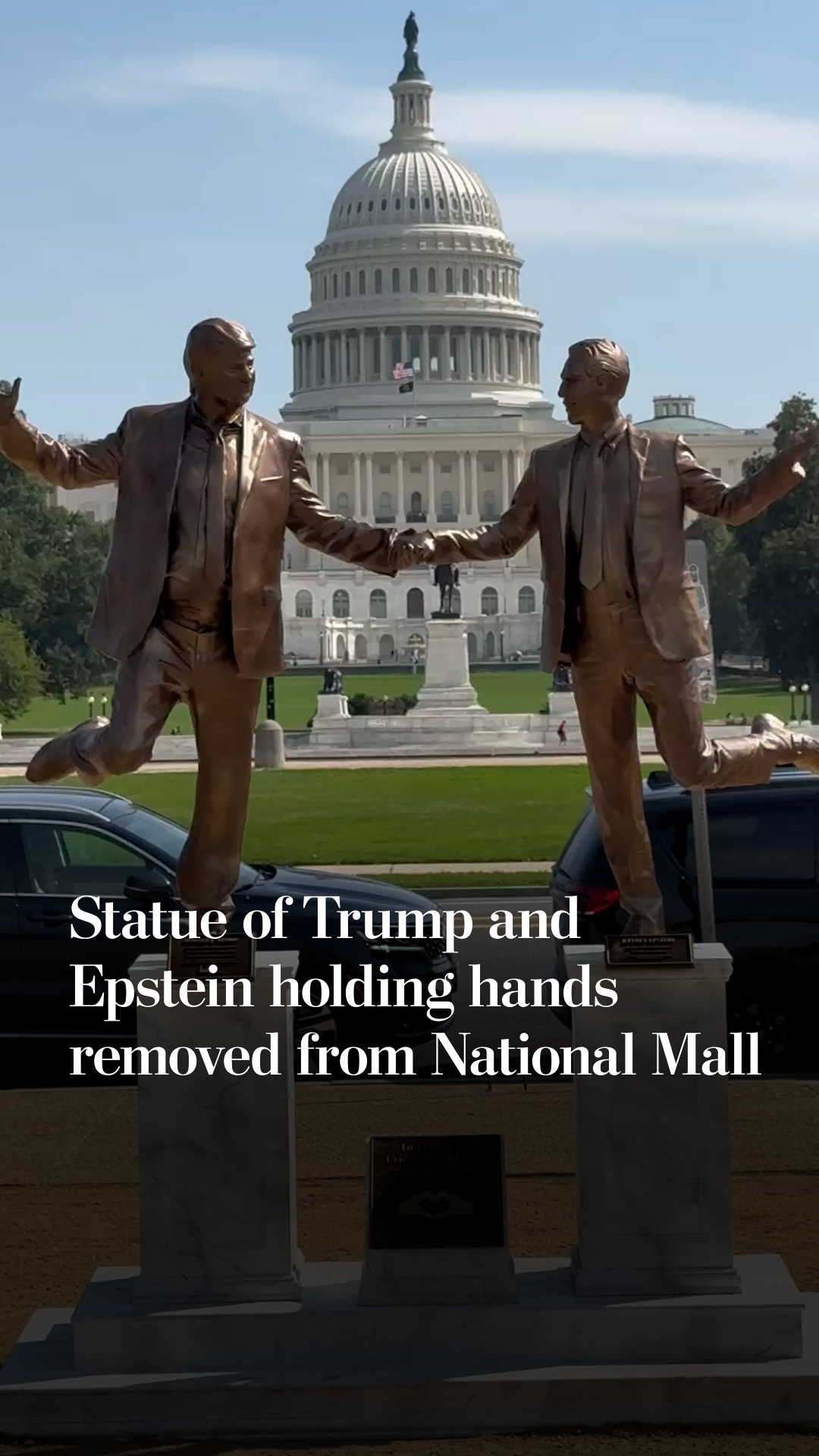 Statue of Trump and Epstein holding hands removed