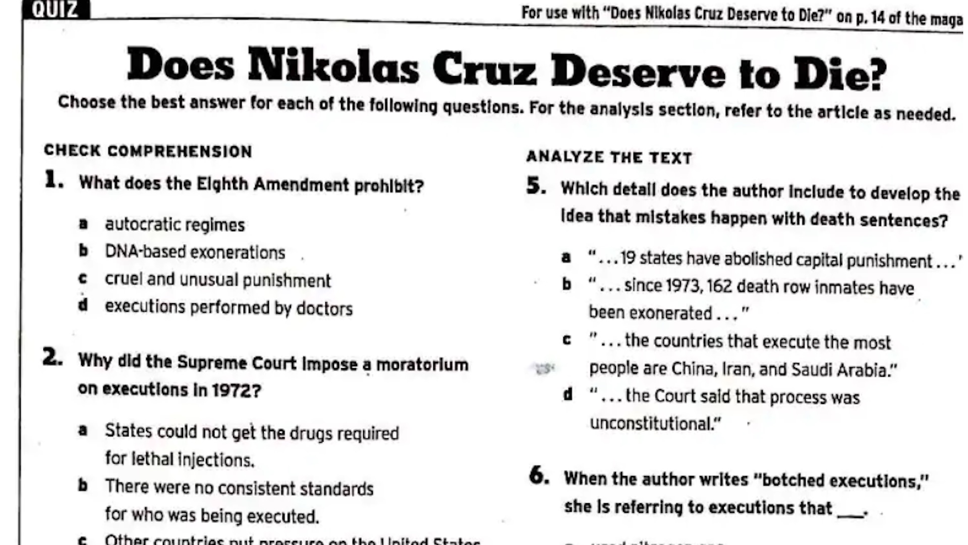 ‘Does Nikolas Cruz Deserve to Die?’ quiz asks With Upfront Magazine Worksheet Answers